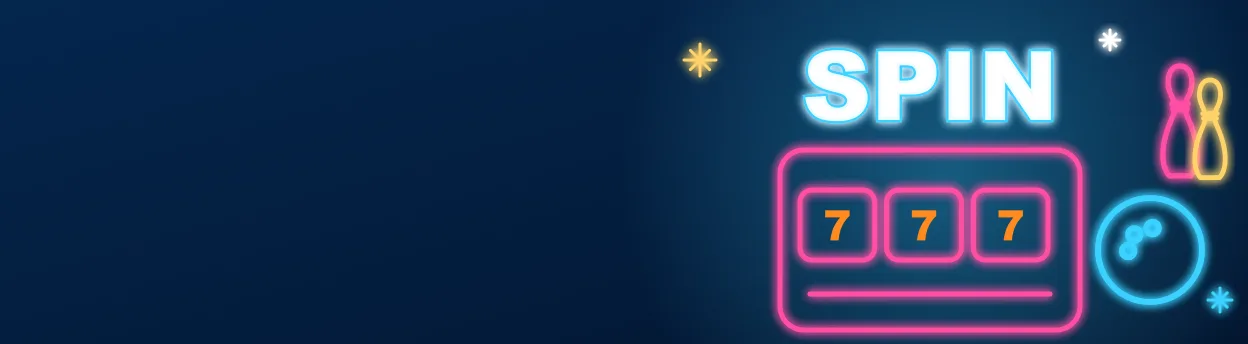 Baner SpinMama Casino z neonowym automatem i kulą do kręgli