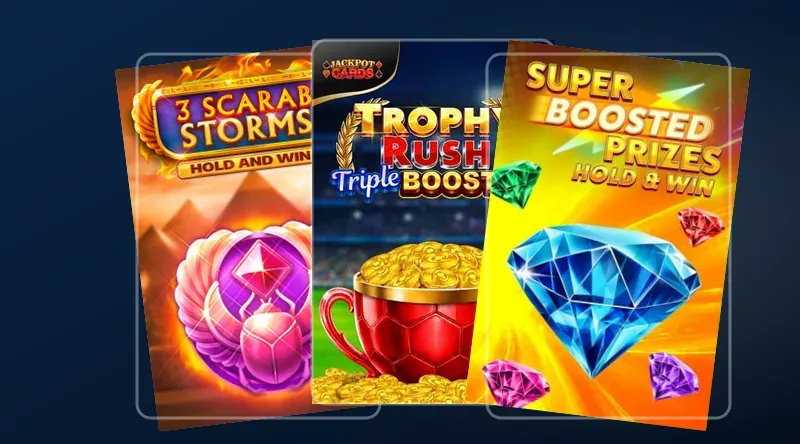 Automaty w lobby SpinMama – okładki 3 Scarab Storms, Trophy Rush i Super Boosted Prizes